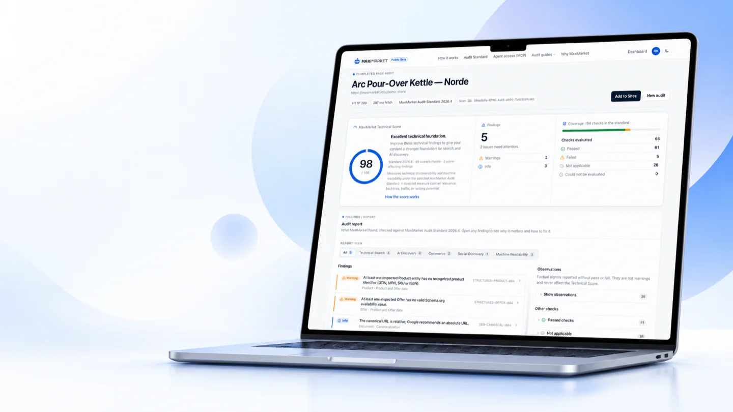 A laptop showing a completed MaxiMarket audit report: a Technical Score of 98 out of 100, five findings (two warnings and three info) and the coverage of the Audit Standard's checks.