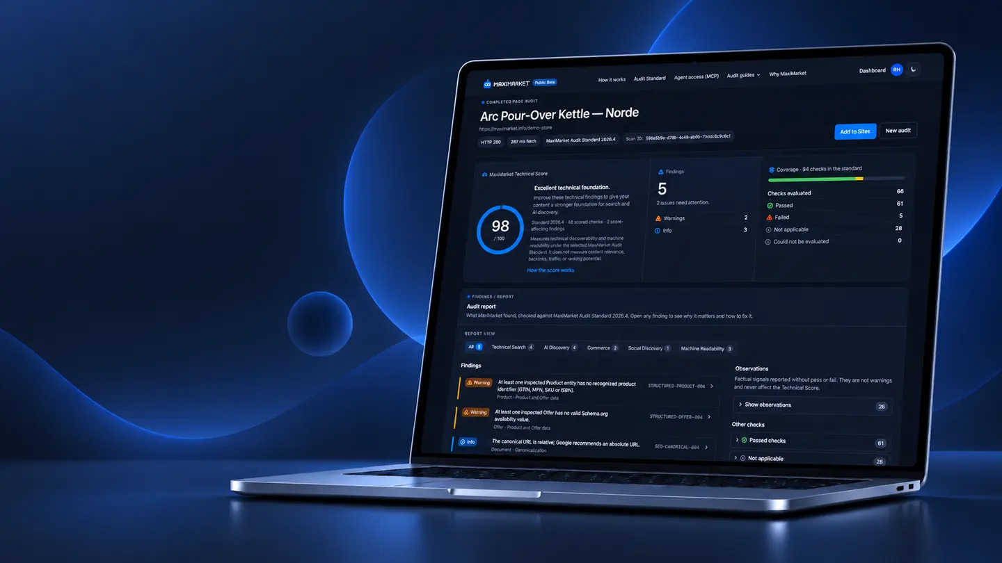 A laptop showing a completed MaxiMarket audit report: a Technical Score of 98 out of 100, five findings (two warnings and three info) and the coverage of the Audit Standard's checks.